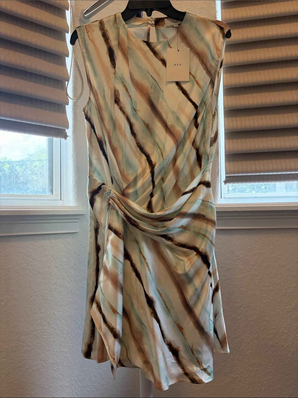A.L.C. Sleeveless Diagonal Aqua, Cream & Brown Tie-Waist Mini Dress